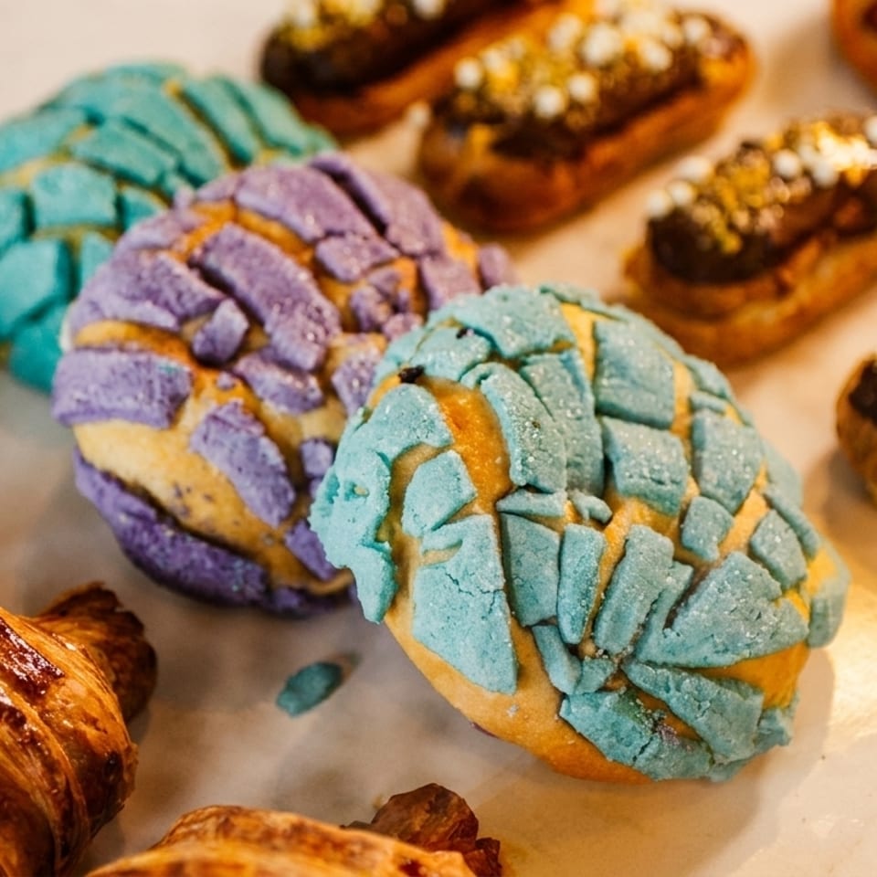 Colorful conchas, chocolate eclairs, and croissants displayed on a white counter.
