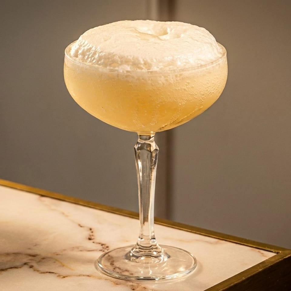 A coupe glass filled with a foamy, light yellow cocktail sits on a marble and gold table.
