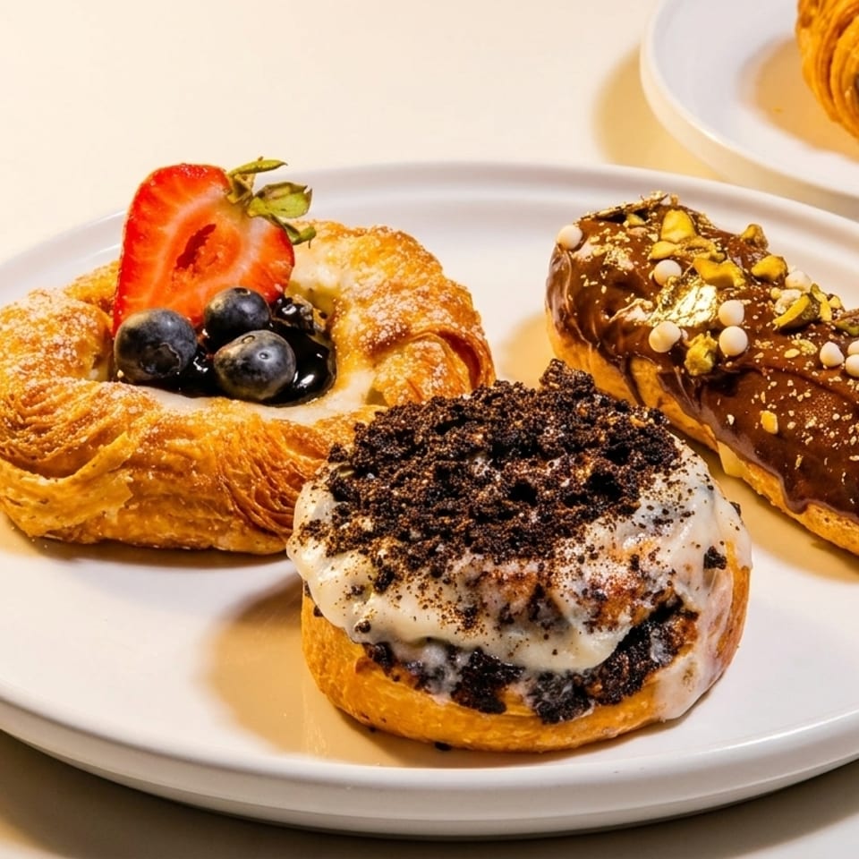 A white plate holds a fruit danish, an Oreo cinnamon roll, and a chocolate pistachio eclair.
