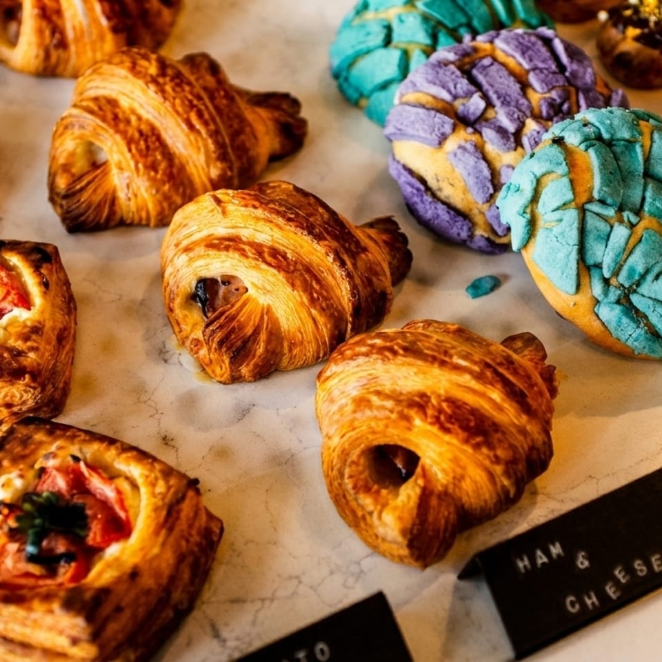 Assortment of pastries including croissants, colorful conchas, eclairs, and savory tarts on a marble surface.