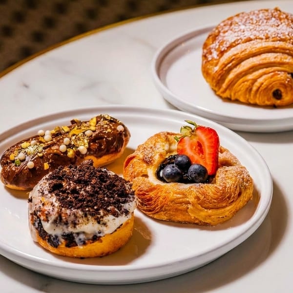 Two white plates on a marble table hold a variety of pastries, including a chocolate croissant.
