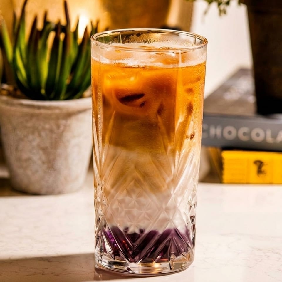 A tall glass of iced coffee with purple ube at the bottom, surrounded by plants and books.