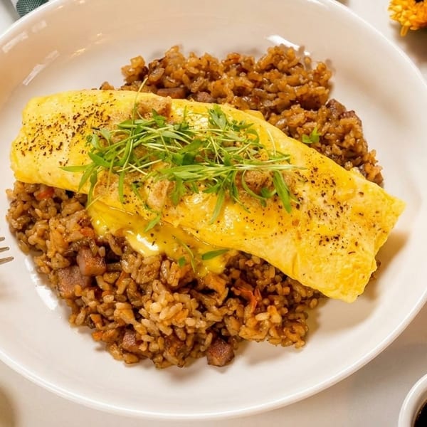 Savory omelet with microgreens and seasoning, served over fried rice with strawberries and lemon.