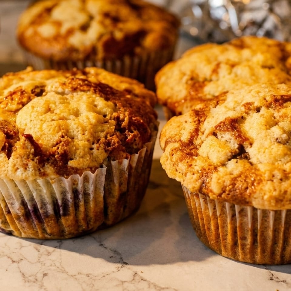 Several golden-brown muffins with crumbly tops sit on a white marble counter, some wrapped in foil.