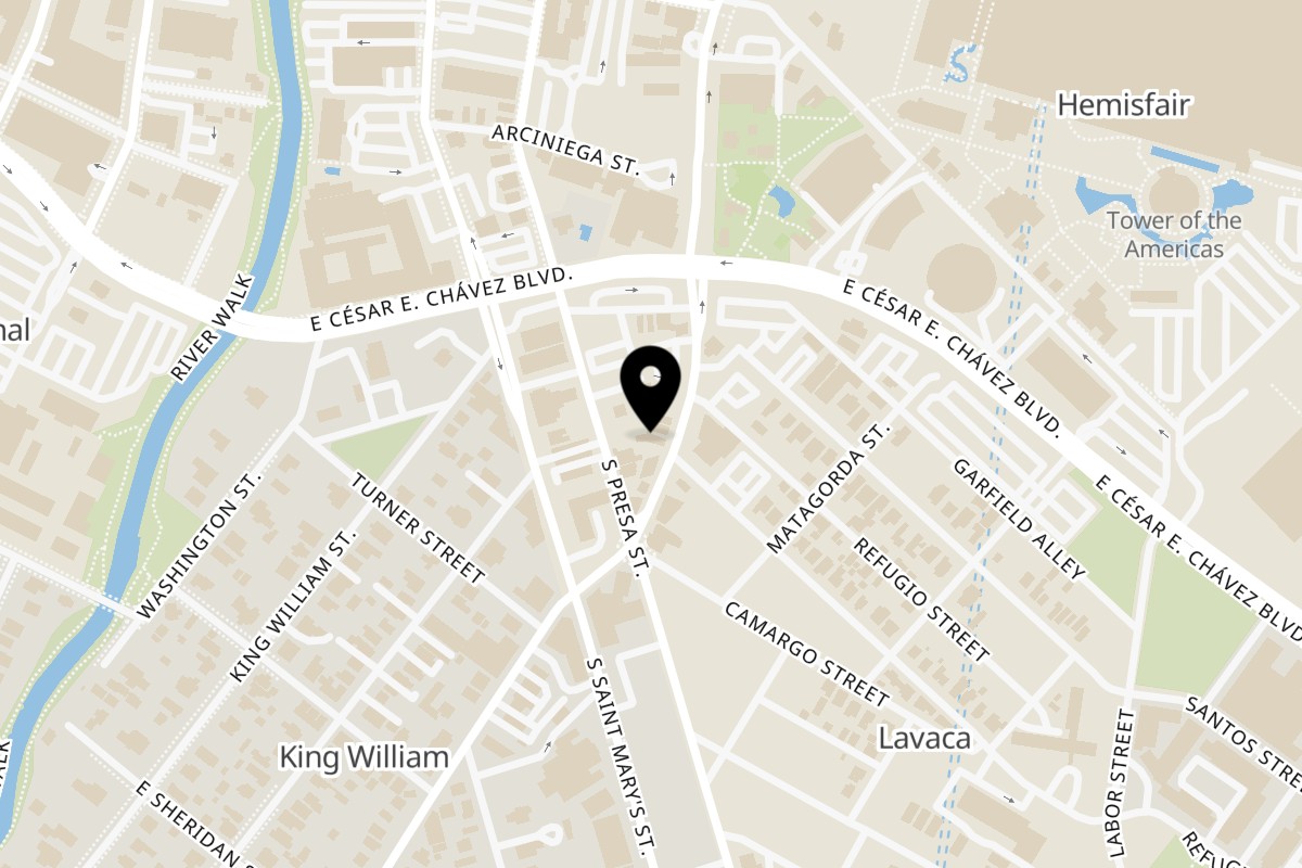 Map showing the location of Blush Restaurant & Bakery on 713 S Alamo St in San Antonio